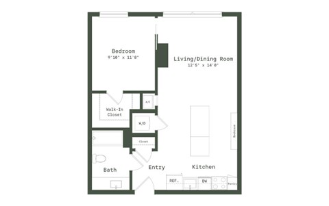 Floor plan for 1 bed, 1 bath, 705 sqft
